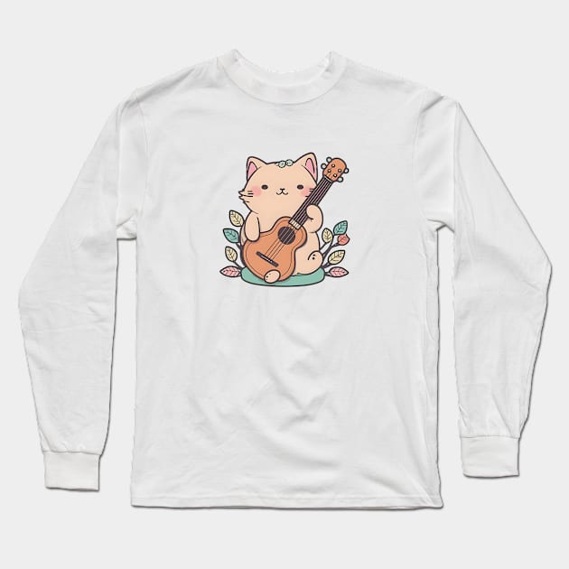 Cat Ukelele Music Animal Lover Long Sleeve T-Shirt by Artifyio